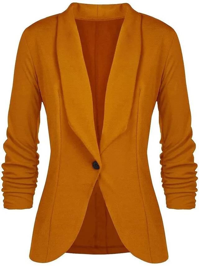 Women's Blazer Formal Office Jacket Open Front Button Plain Windproof Streetwear Pink Regular Fit Outerwear Long Sleeve Spring Navy S