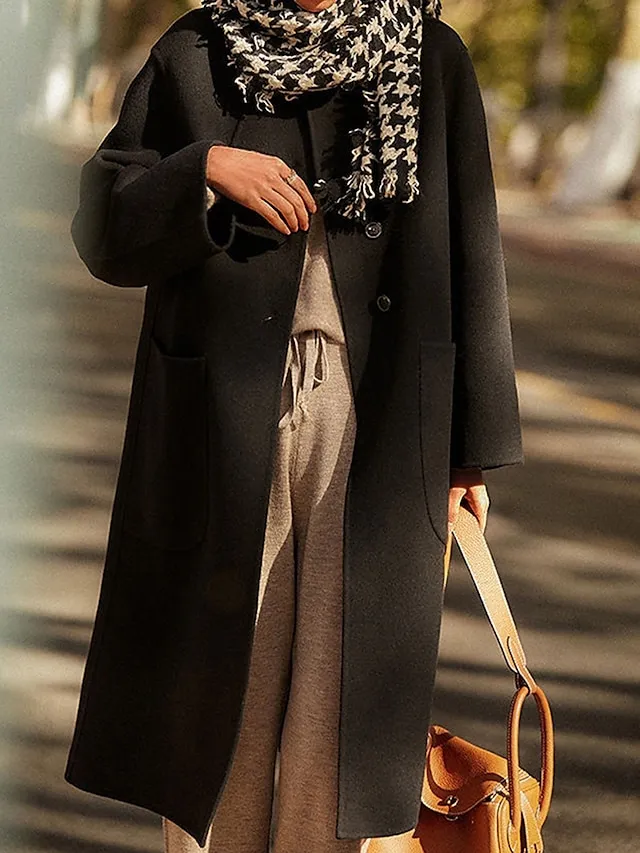 Women's Wool Blend Coat Winter Coat Long Pea Coat Fall Single Breasted Overcoat with Pockets Windproof Warm Trench Coat Casual Jacket Long Sleeve Black Camel Gray