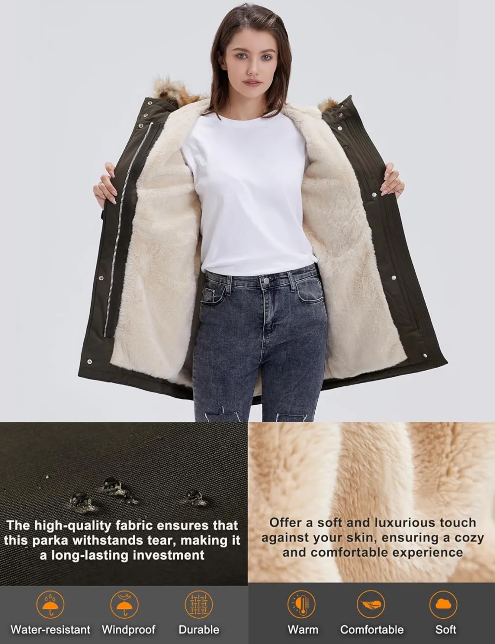 Women's Winter Coats Fleece Lined Parka Jacket Hooded Long Winter Warm Parka Coat with Pockets