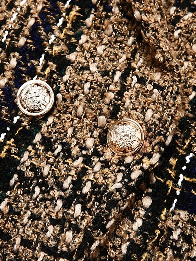 Women's Blazer Tweed Maillard Plaid Long Sleeve Coat Fall Winter Business Double Breasted Regular Jacket Green Brown XL 2XL 3XL