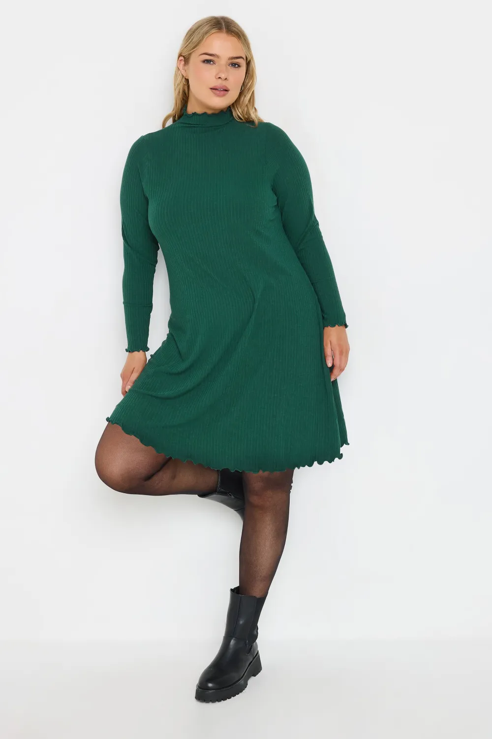 YOURS Curve Forest Green Ribbed Lettuce Hem Tunic Dress