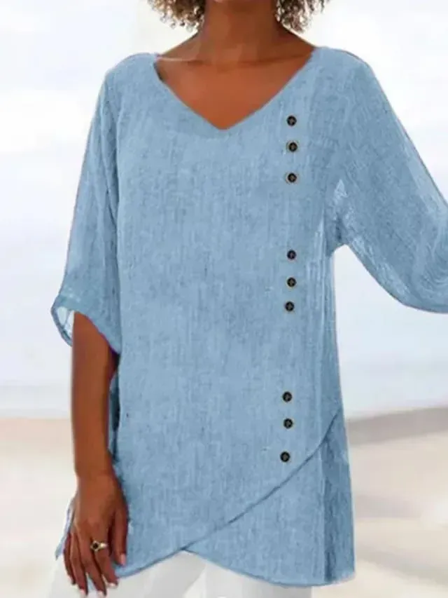 Women's Shirt Blouse Black Pink Blue Plain Asymmetric Half Sleeve