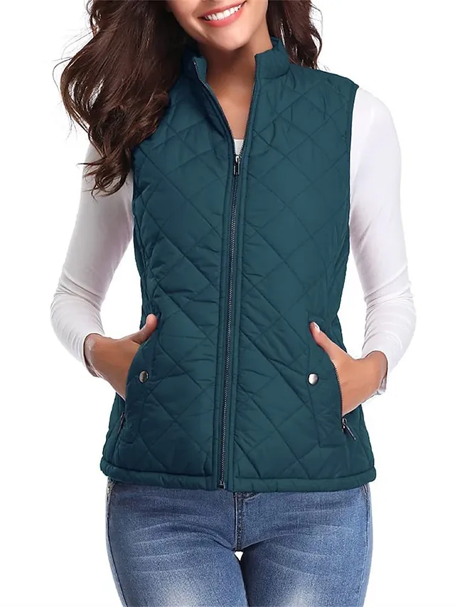 Women's Quilted Vest Crop Sleeveless Winter Coat Lightweight Puffer Gilet Warm Windproof Outerwear with Pockets Zip up Fall Street Casual Jacket Light Blue claret Sea Blue