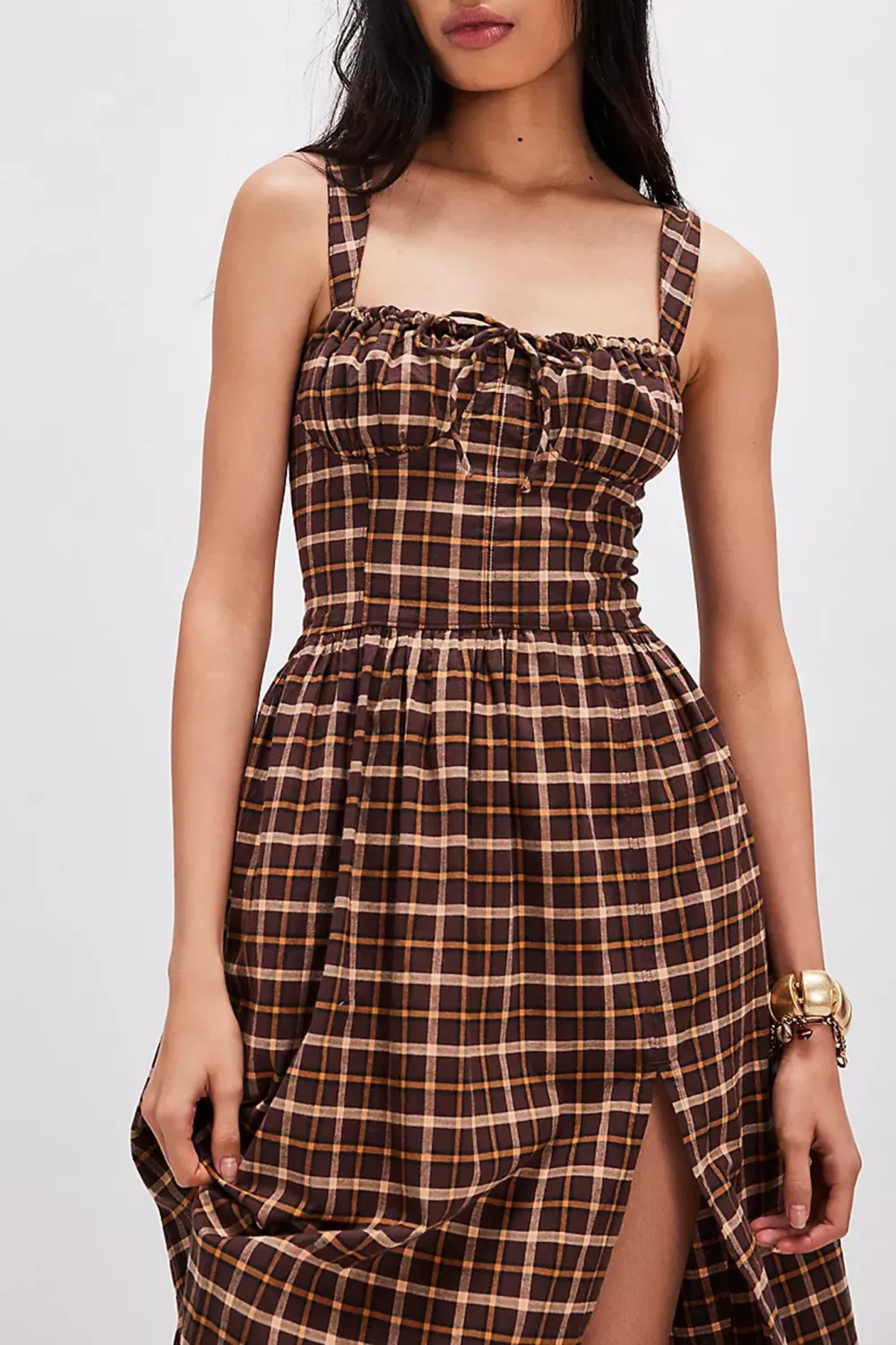 Square Neck Plaid Smocked Midi Dress