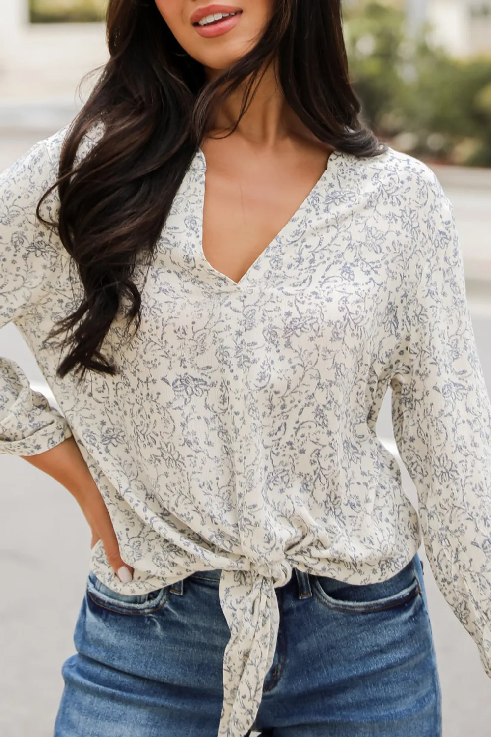 Decadently Sweet Cream Floral Tie-Front Blouse