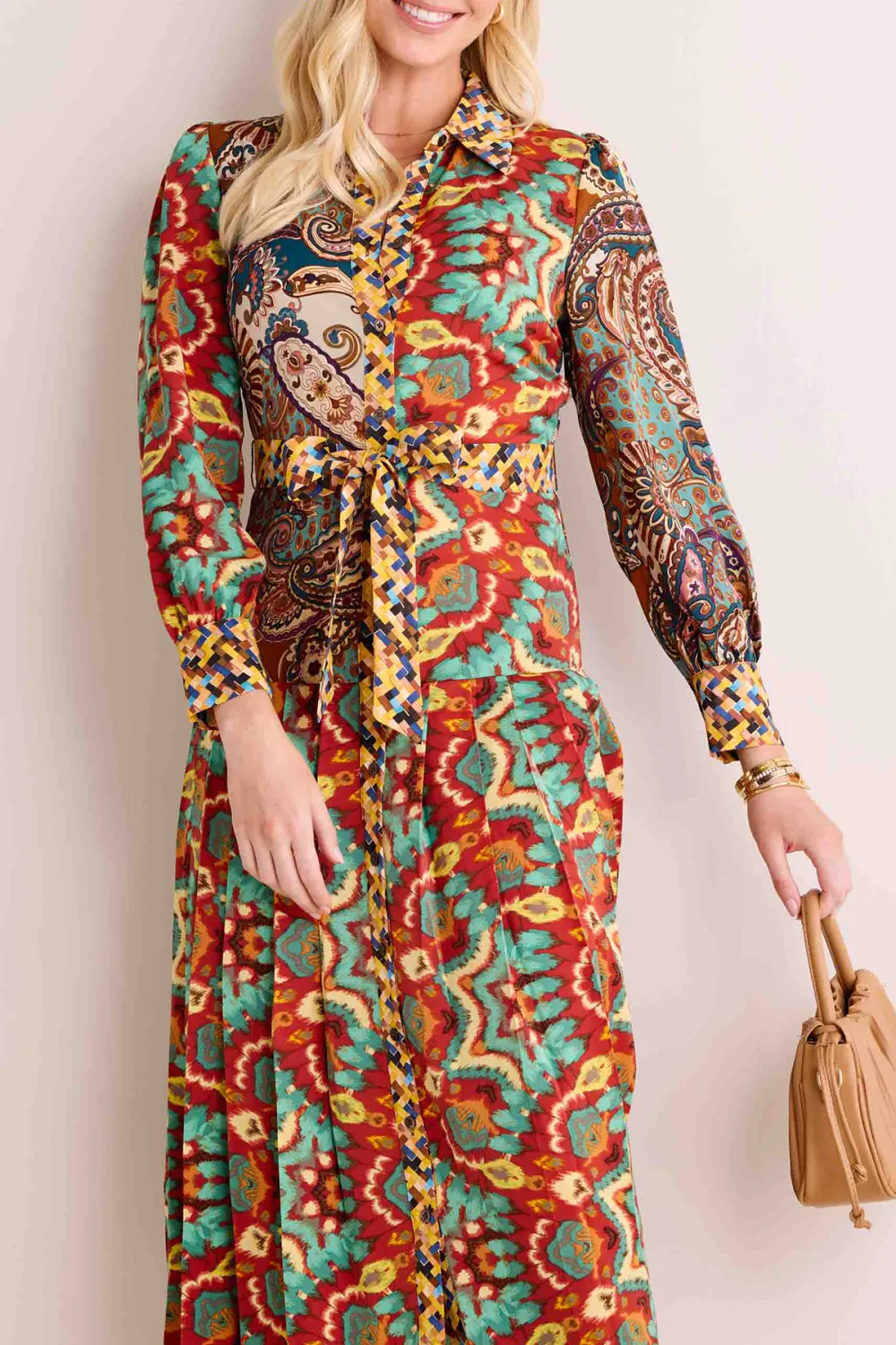 Multicolored Print Long Sleeve Flared Maxi Dress