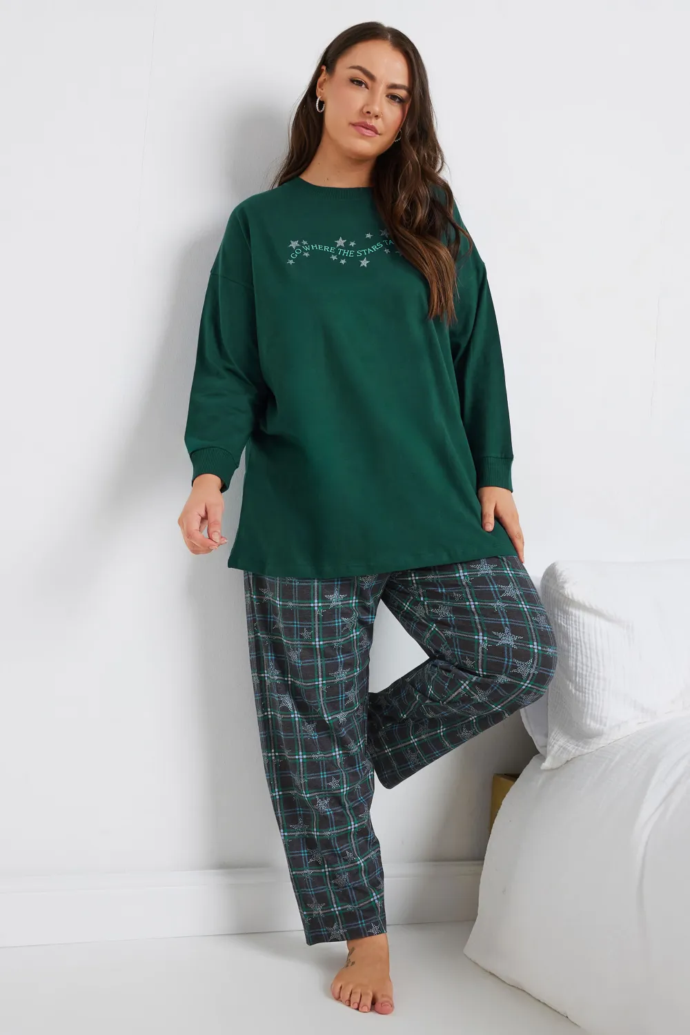 YOURS Curve Green Star Print Wide Leg Pyjama Set