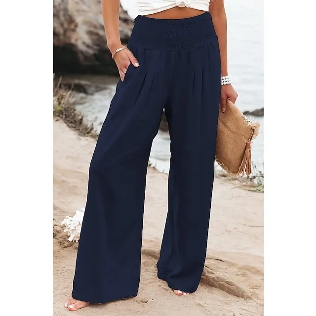 Women's Wide Leg Linen Pants Trousers Full Length Cotton Baggy Micro-elastic High Waist Fashion Casual Daily Vacation Apple Green Black S M Autumn / Fall