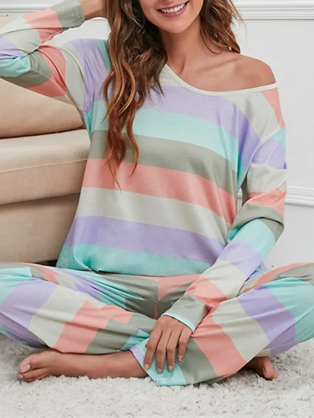 Women's Pajamas Nighty Pjs Sets 2 Pieces Rainbow Stripe Fashion Comfort Soft Home Daily Bed Cotton Breathable V Wire Long Sleeve T shirt Tee Pant Spring Fall Yellow Blue