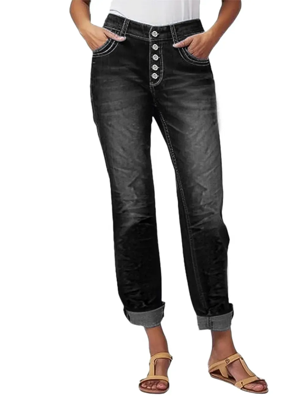 Button Up Roll Hem Low Waist Straight Leg Jeans