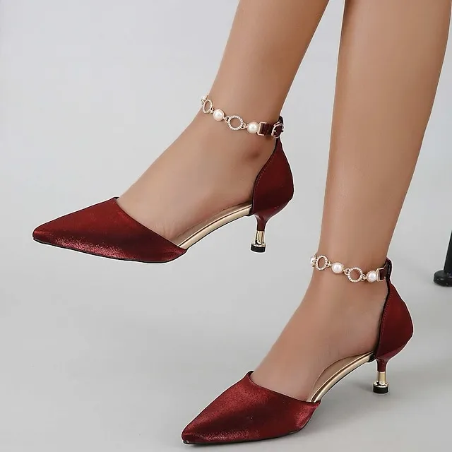 Women's Heels Sandals Heel Sandals Plus Size Ankle Strap Sandals Daily Club Summer Rhinestone Imitation Pearl Stiletto Heel Pointed Toe Elegant Sexy Satin Ankle Strap Solid Color Matte Black Black Red
