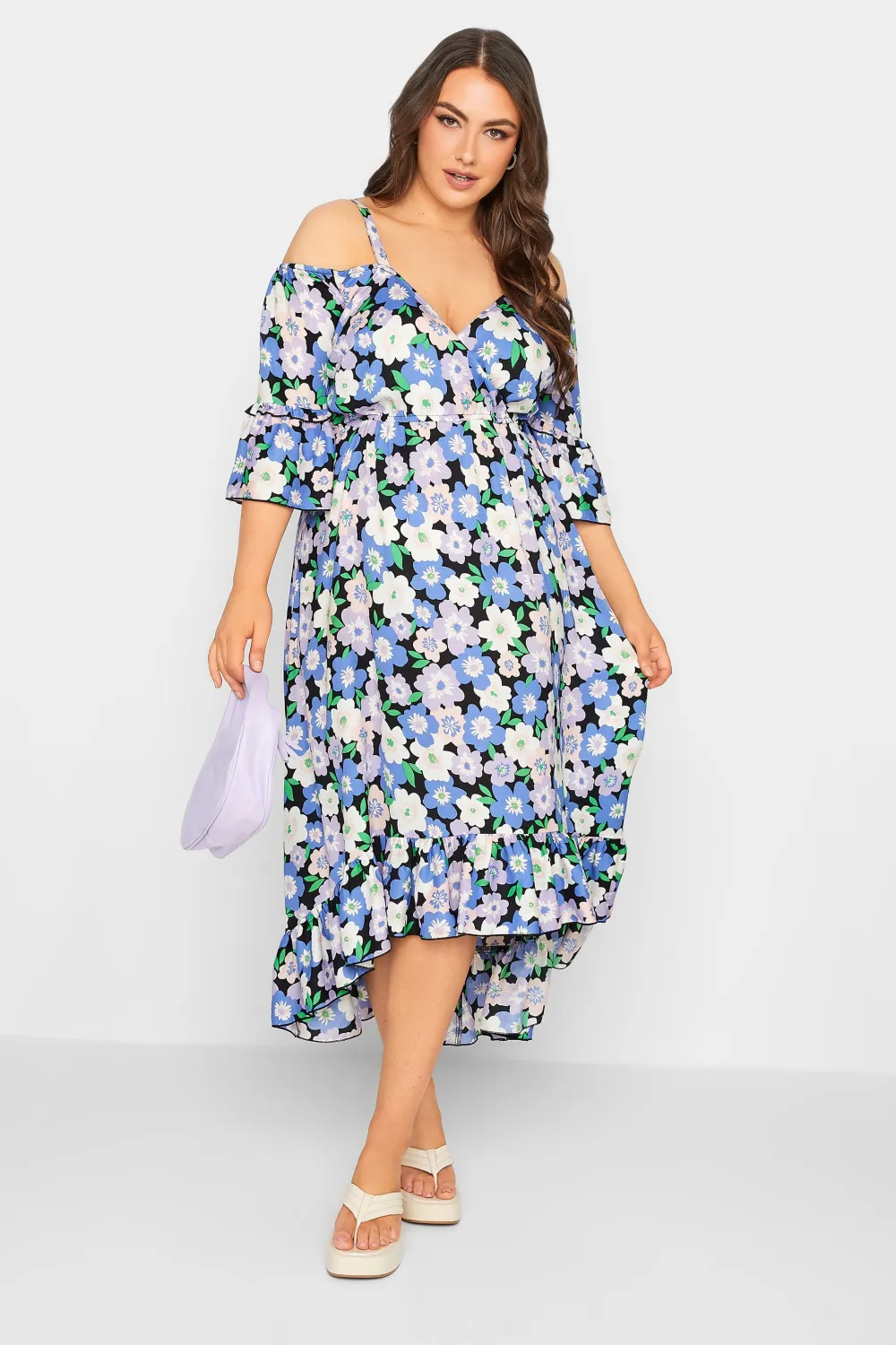 YOURS Curve Black Floral Cold Shoulder Midaxi Dress