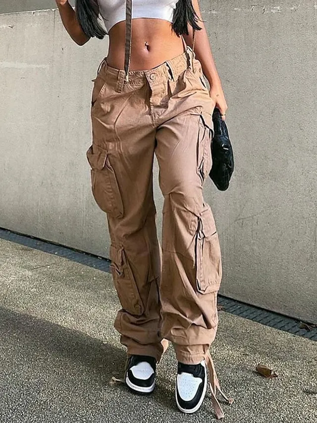 Women's Cargo Pants Pants Trousers Baggy Full Length Cotton Blend Baggy Micro-elastic Mid Waist Fashion Casual Office Black Green S M Autumn / Fall