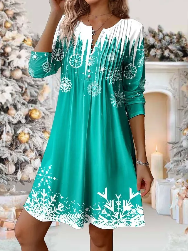 Women's Red Christmas Dress Winter Dress Snowflake Print Button Split Neck Mini Dress Fashion Basic Outdoor Christmas Long Sleeve Loose Fit Wine Navy Blue Blue Fall Winter S M L XL XXL
