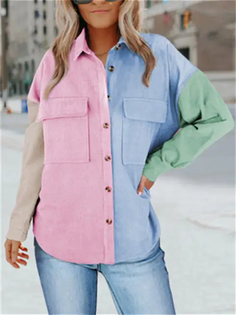 Color Block Buttons Shirt With Pockets