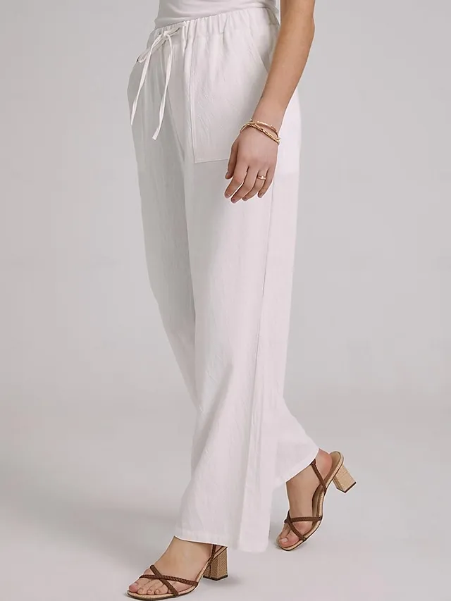 Women's Bootcut Culottes Wide Leg Chinos Cotton Faux Linen Solid Colored Baggy Mid Waist Lightweight Basic Wedding Daily Black White S M Spring &  Fall