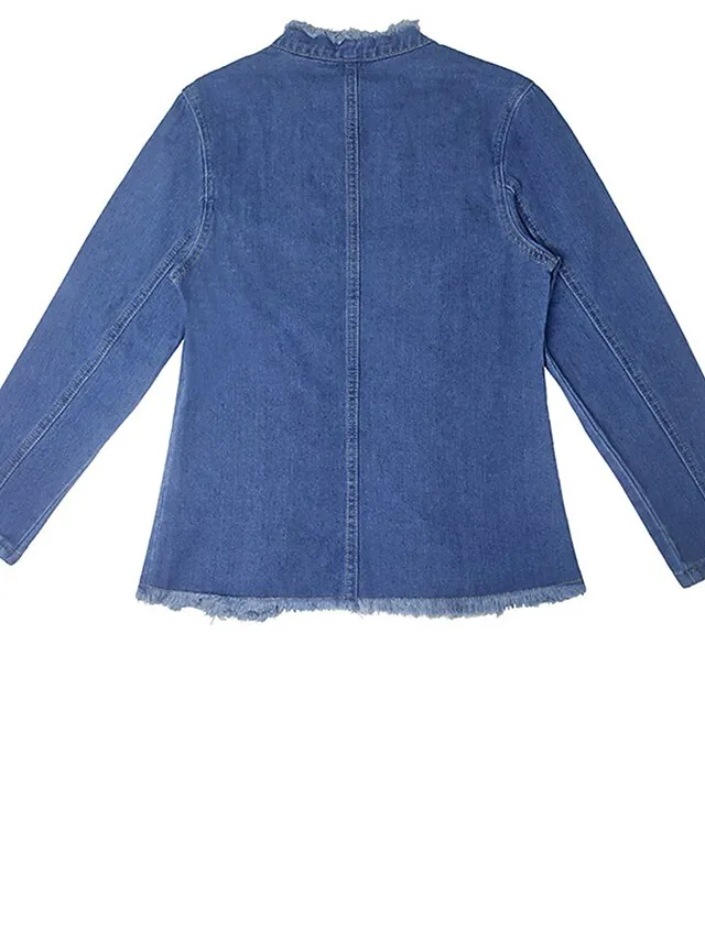 Women's Denim Jacket Outdoor clothing Button Plain Comfortable Streetwear Regular Fit Outerwear Long Sleeve Spring Blue S