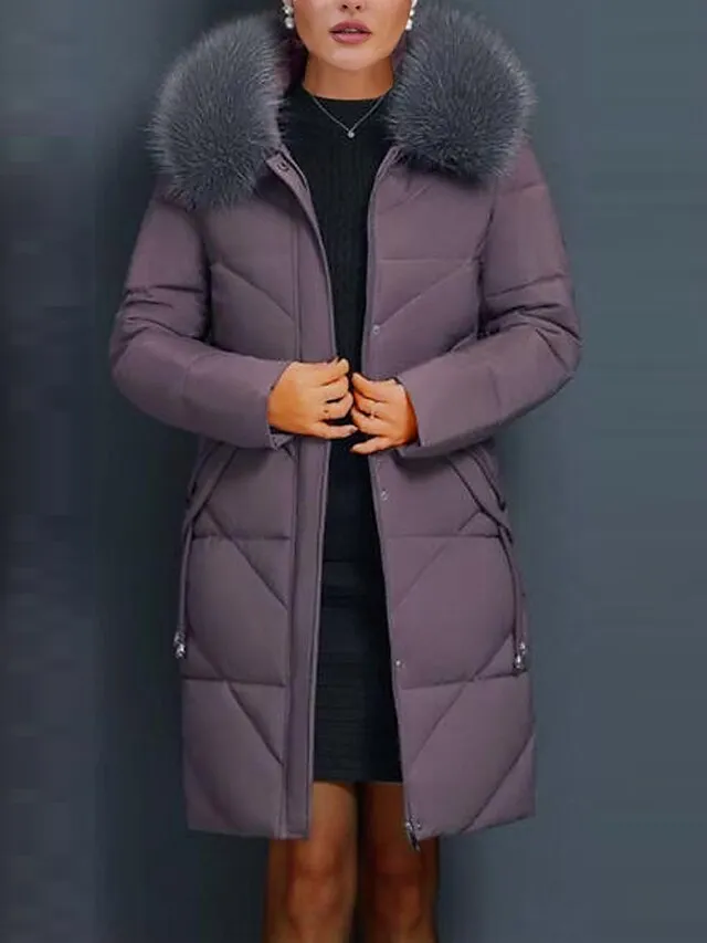 Women's Parka Long Puffer Jacket Winter Coat Zip up Coat with Fur Collar Thermal Warm Heated Coat Fall Outerwear with Pockets Warm Classic Long Sleeve Purple Red