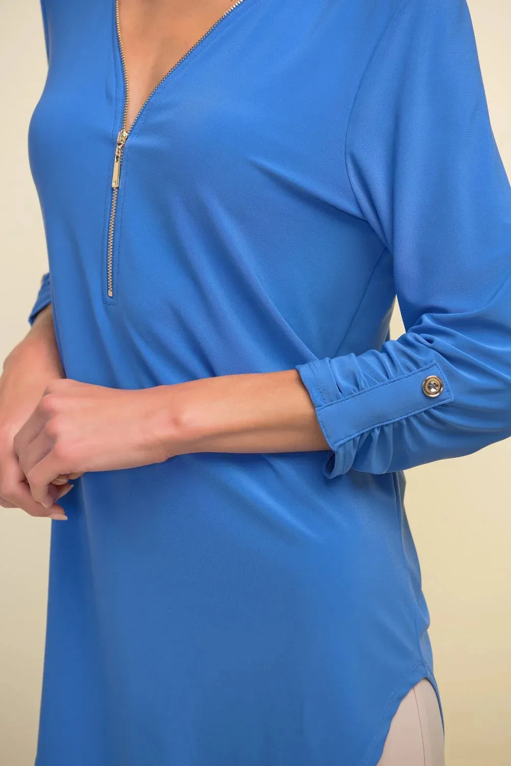 Royal Blue Zip - Front V - Neck Blouse