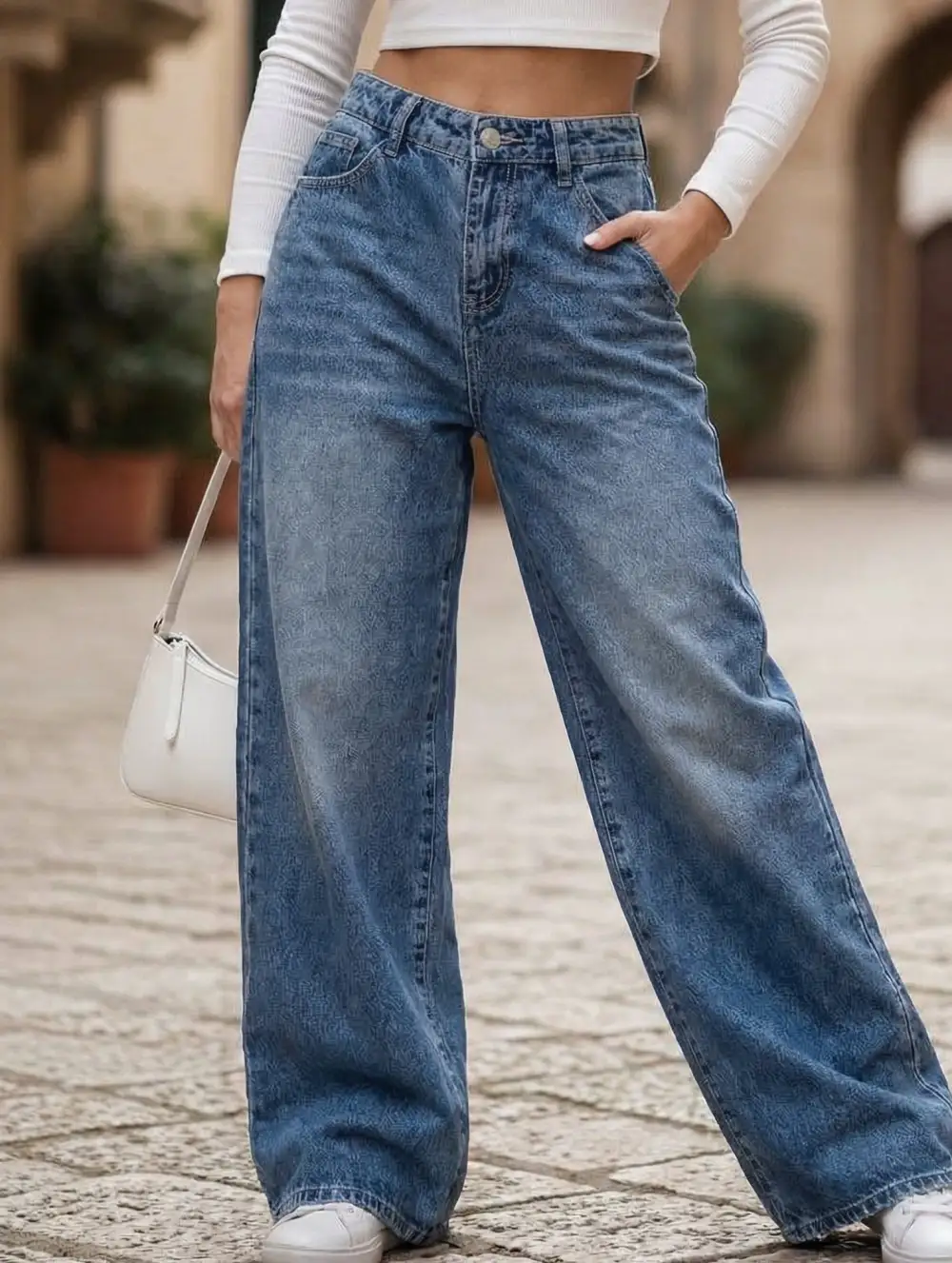 Retro Washed Heart Patterned Wide-Leg Jeans