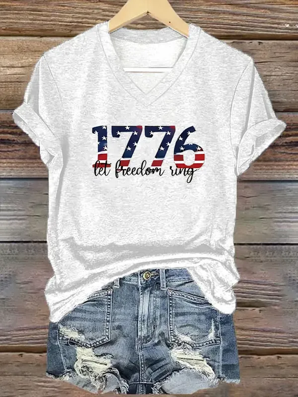 Women's America 1776 Land Of The Free Print Short Sleeve Round Neck Cotton T-Shirt