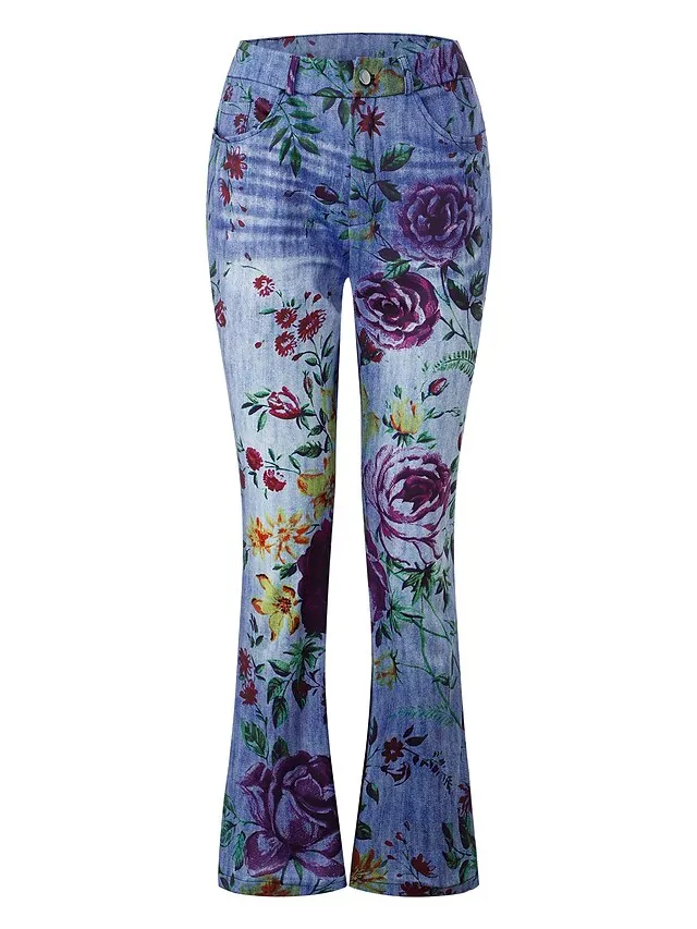 Women's Bootcut Flared Pants Bell Bottom Grey Fashion Casual Daily Full Length Flower / Floral XXL