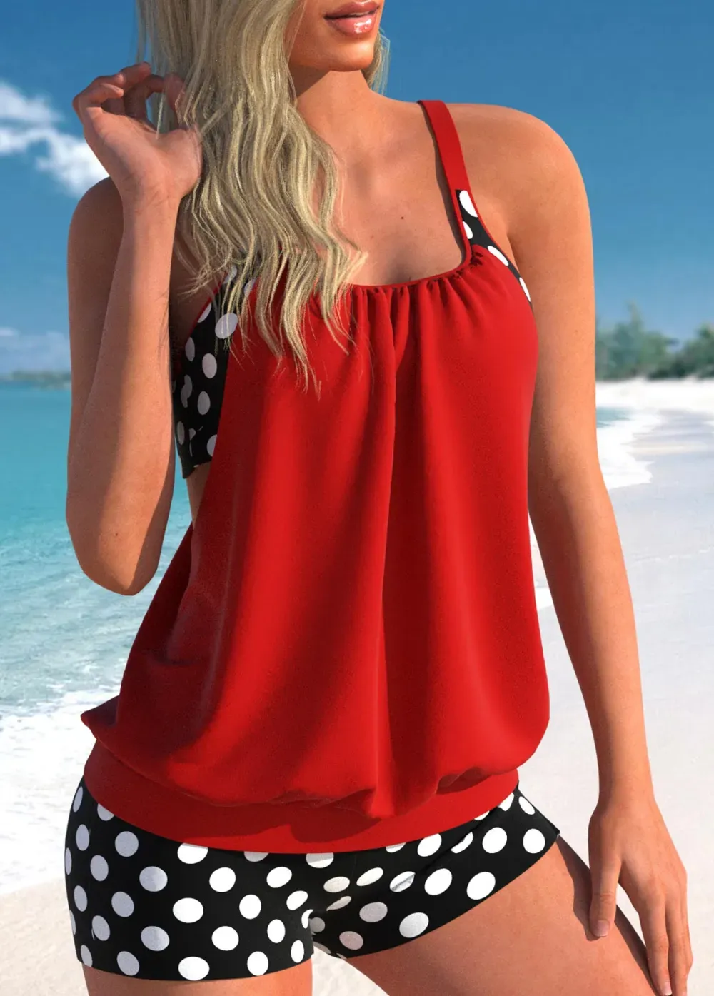 Fake 2in1 Polka Dot Cyan Tankini Top