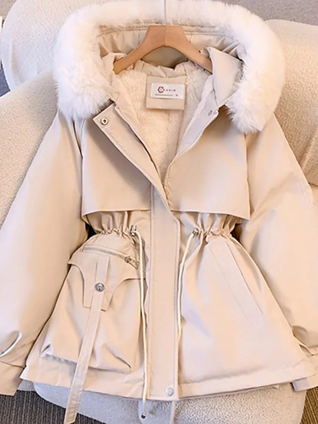 Women's Puffer Jacket Winter Fleece Parka with Collar Drawstring Zipper Coat Windproof Warm Hoodie Jacket with Pockets Fashion Street Outerwear Brown Black Khaki