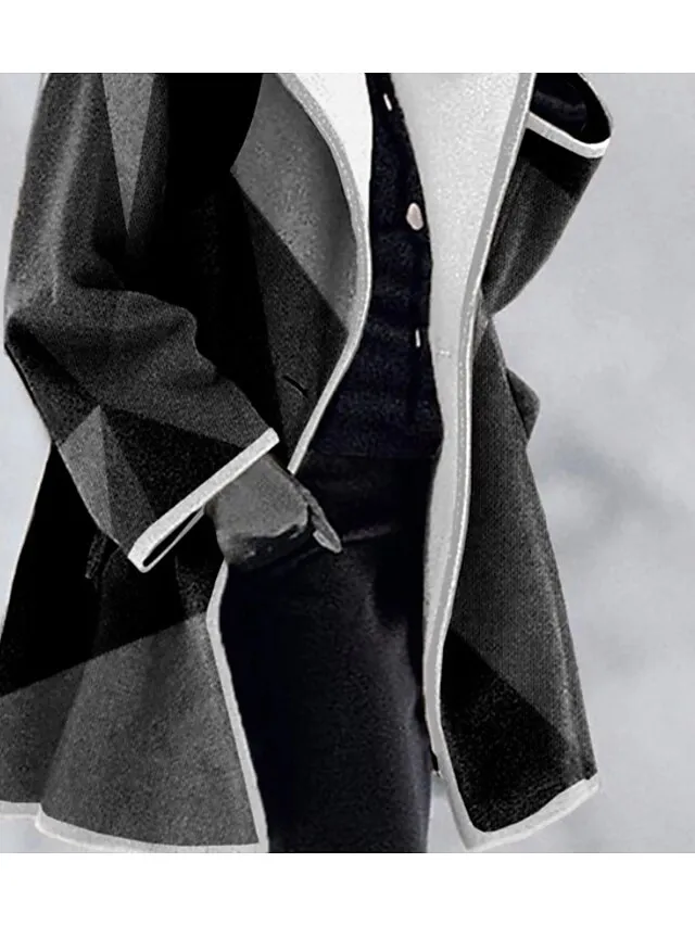 Women's Winter Coat Long Overcoat Geometric Print Pea Coat Fall Mid Length Trench Coat Windproof Warm Single Breasted Lapel Jacket