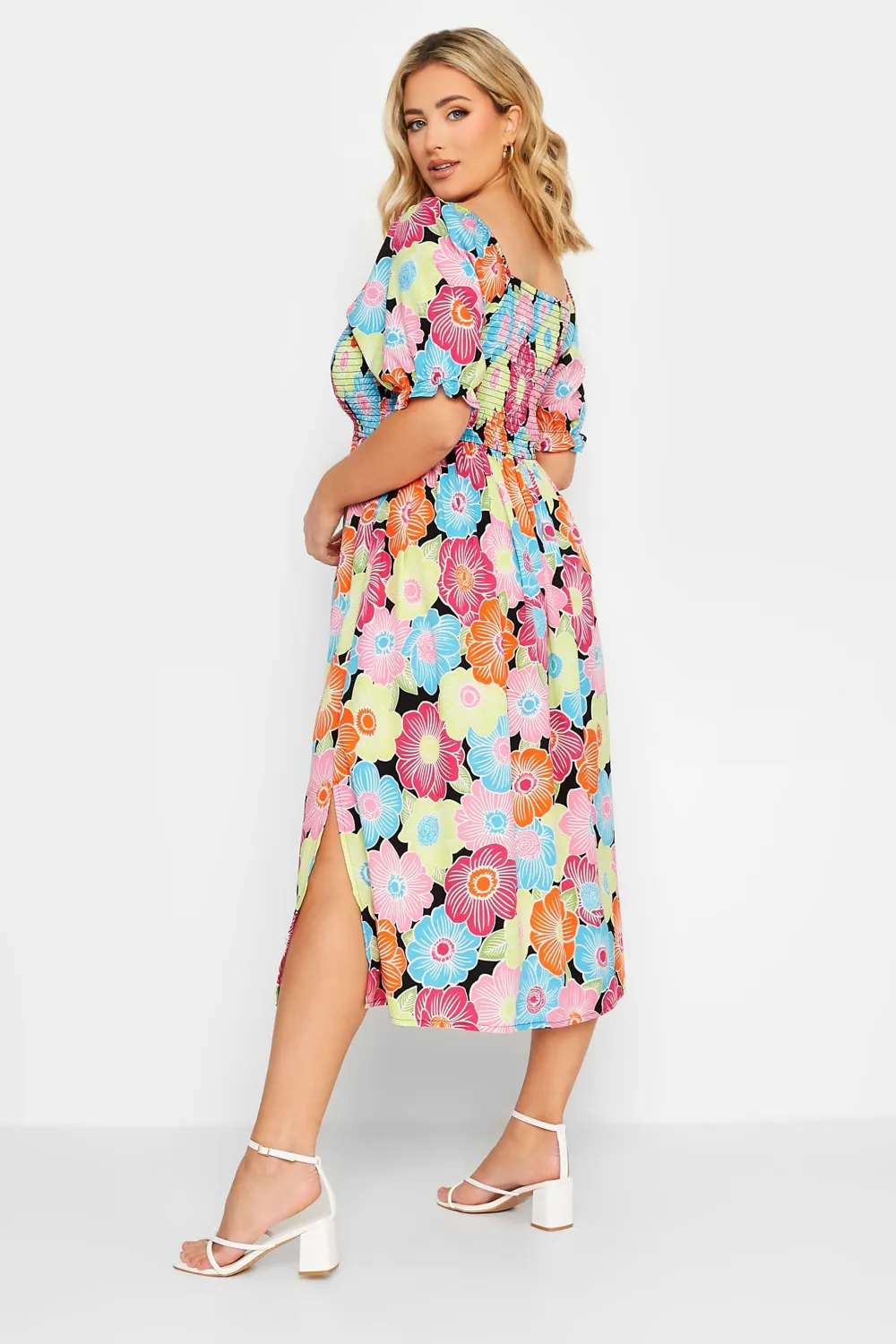 YOURS Curve Pink & Blue Floral Print Shirred Midi Dress