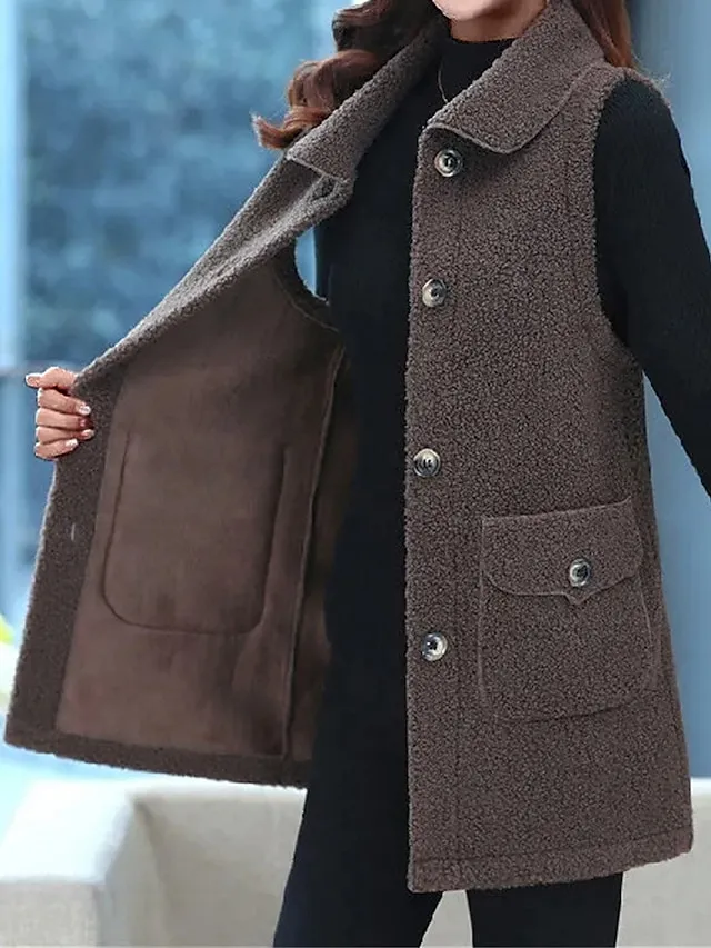 Women's Teddy Vest Long Teddy Coat Fall Sherpa Jacket Fleece Warm Zipper Vest with Pockets Winter Long Coat Windproof Warm Modern Style Sleeveless Plain Pink Red Khaki