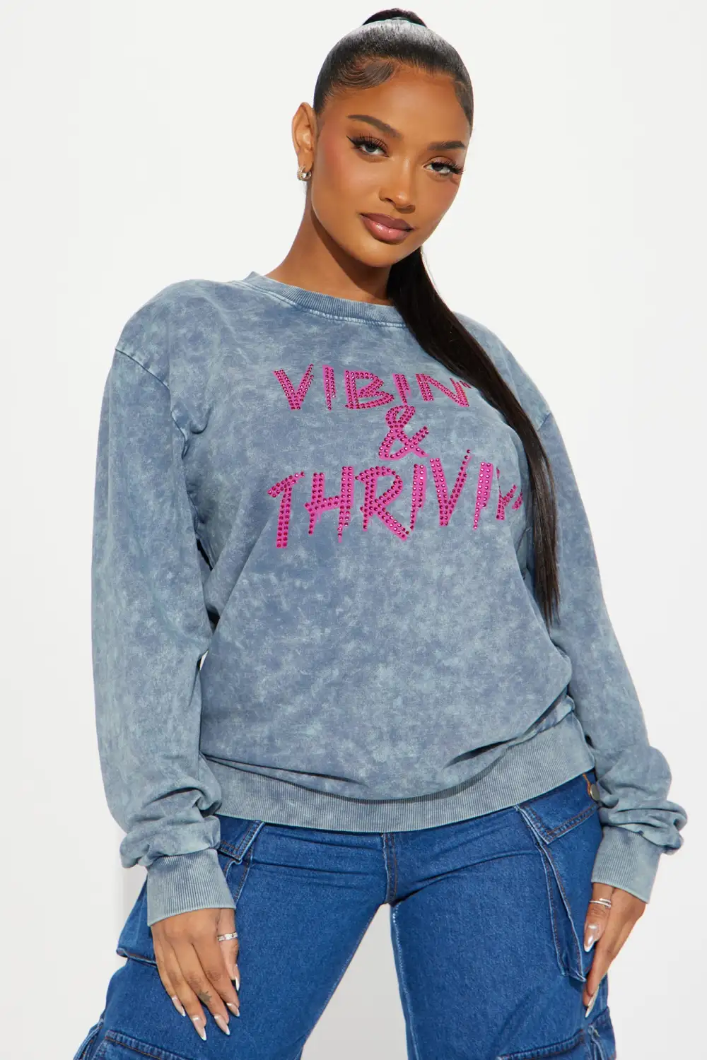 Vibin & Thrivin Washed Crew Neck Sweatshirt - Grey/combo