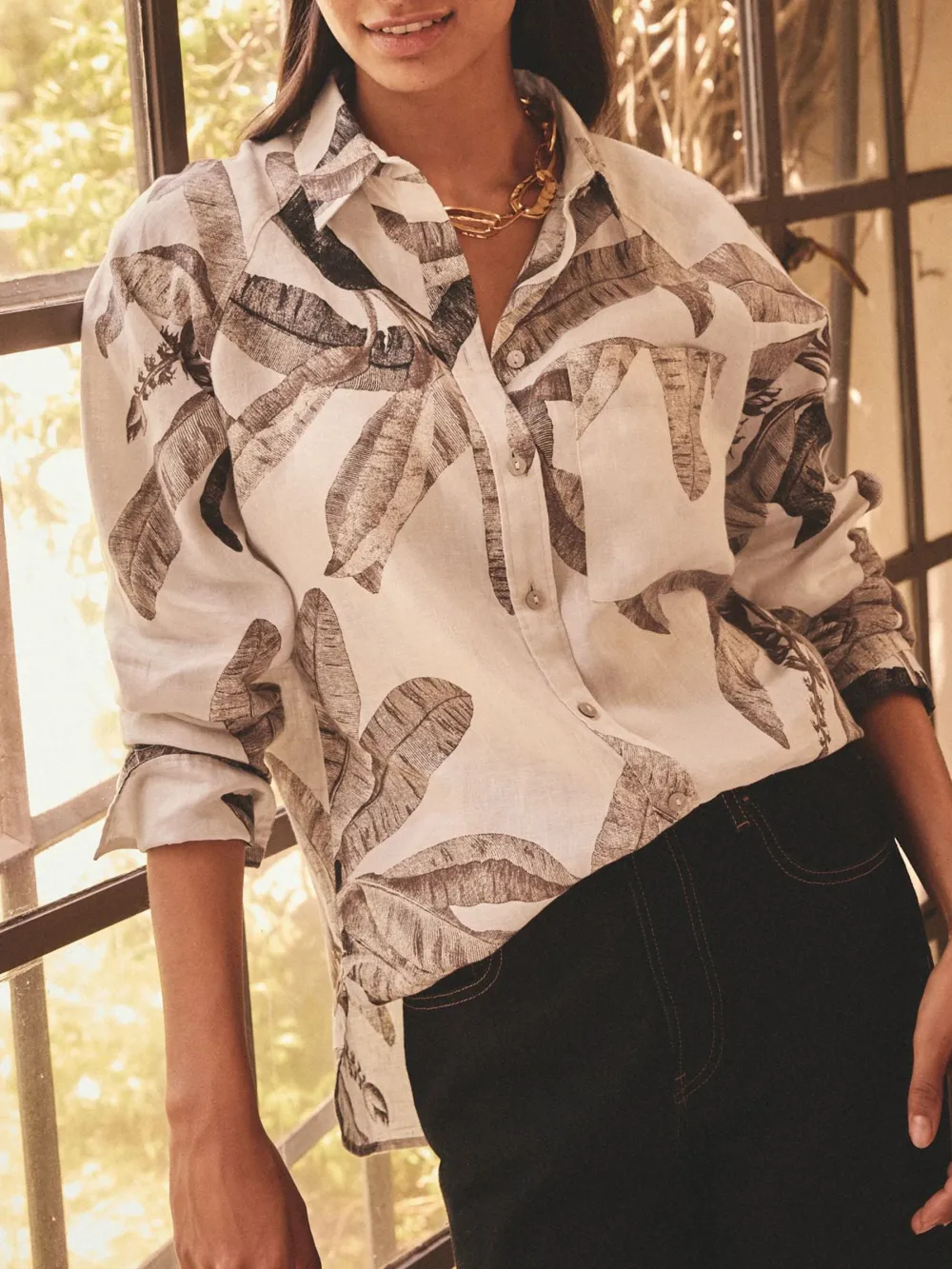 Ecru Palm Print Linen Flat Collar Loose Long Sleeve Shirt