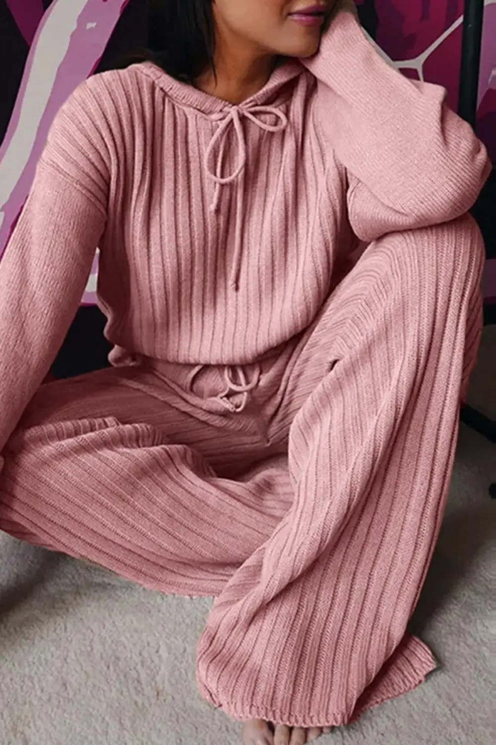 Ribbed Drawstring Hoodie Long Pants Set