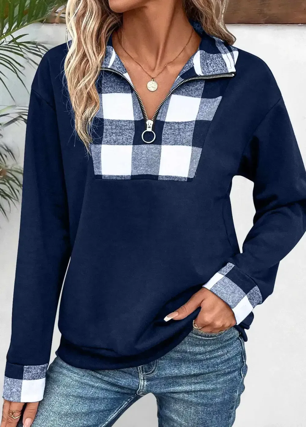Navy Patchwork Plaid Long Sleeve Turn Down Collar Sweatshirt