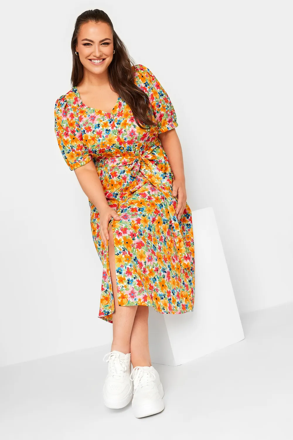YOURS Curve Orange Sweetheart Neckline Floral Print Tea Dress