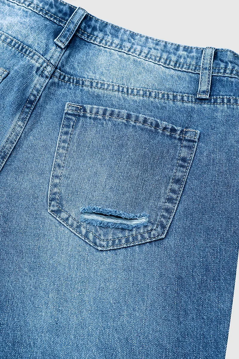 Ripped Raw Hem Zip Fly Mid Rise Straight Leg Jeans