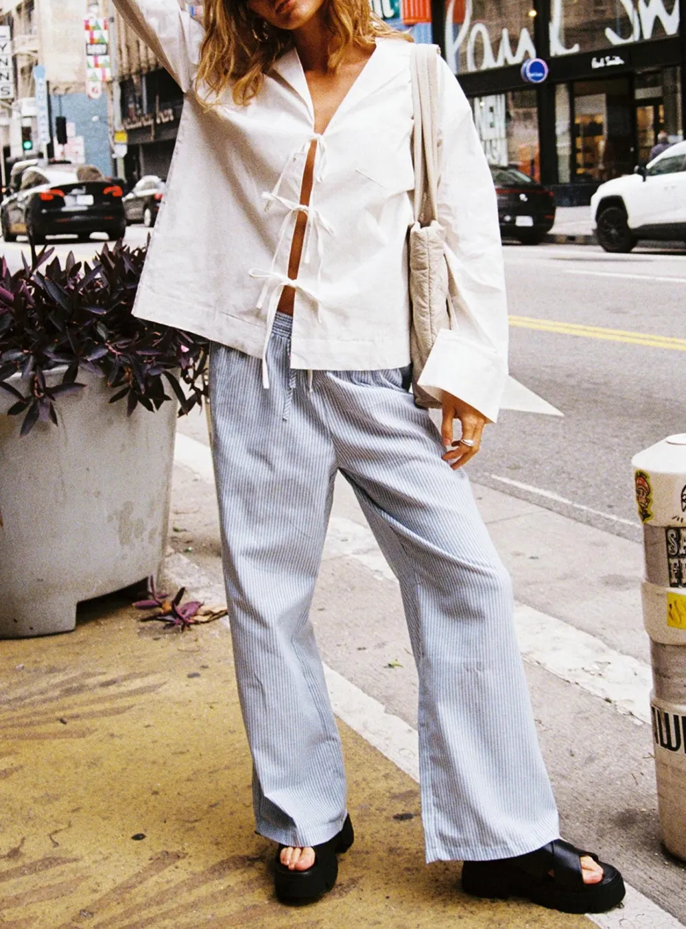 White Mandarin Collar Tie Front Shirt