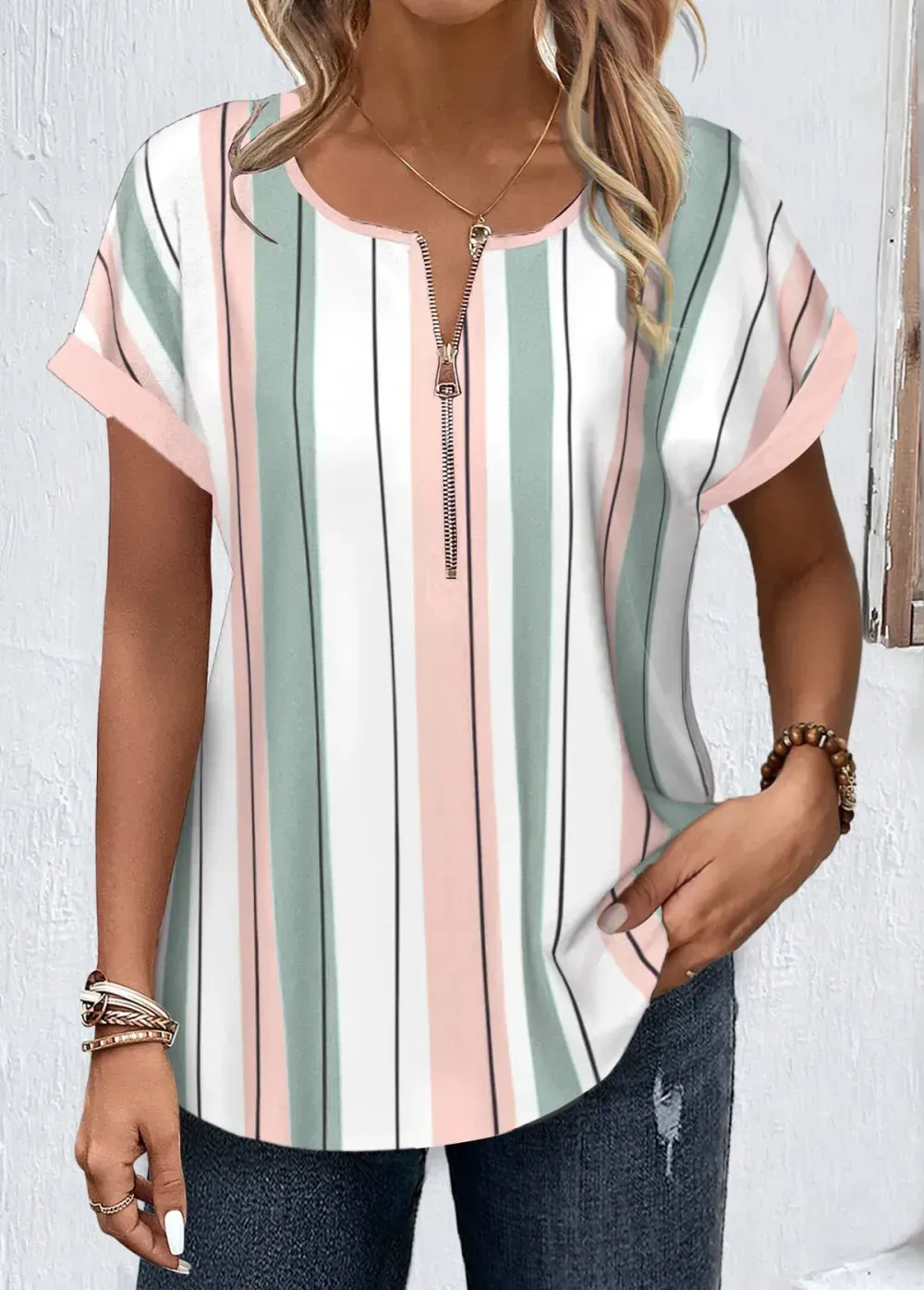 White Zipper Striped Short Sleeve Round Neck Blouse