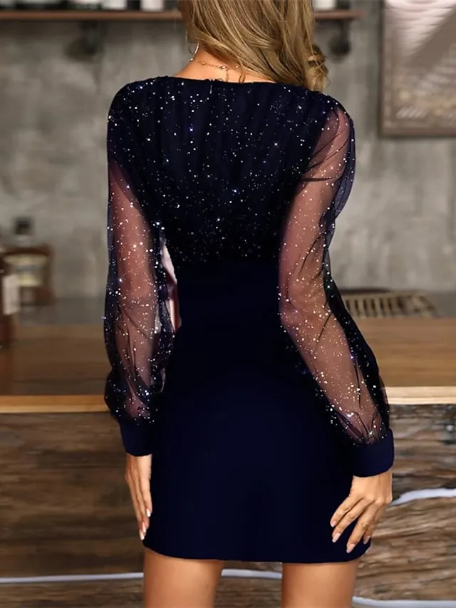 Women‘s Little Black Dress Sexy Dress Party Dress Homecoming Dress Sheath Dress Mini Dress Wine Purple Long Sleeve Mesh Dress Spring Fall Winter V Neck Fashion Party Wedding Guest