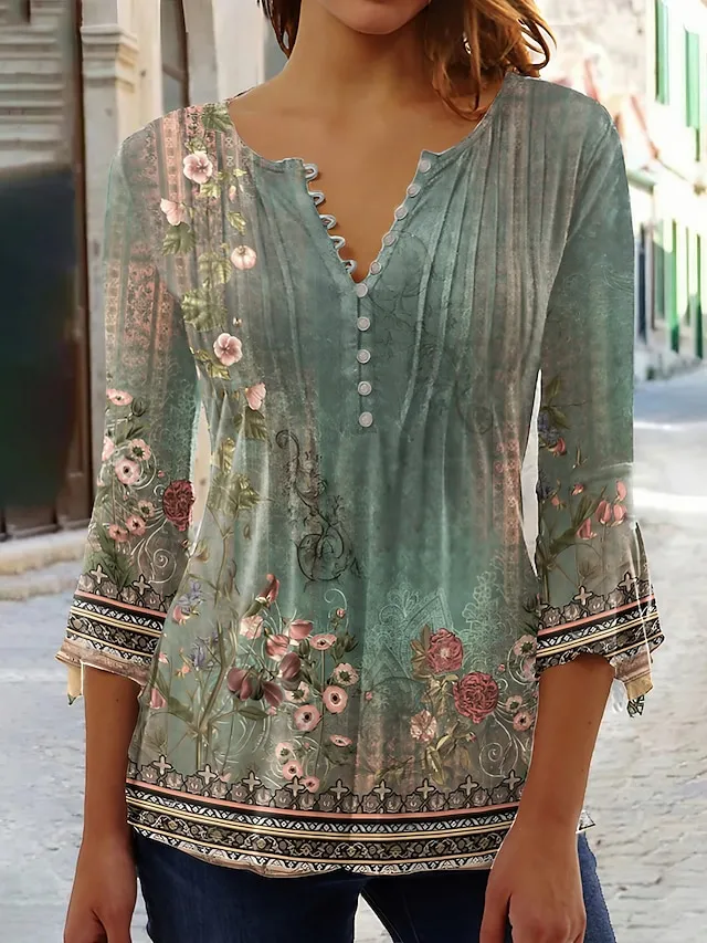 Women's Shirt Blouse Floral Green Button Print 3/4 Length Sleeve Holiday Weekend Streetwear Casual V Neck Regular Fit