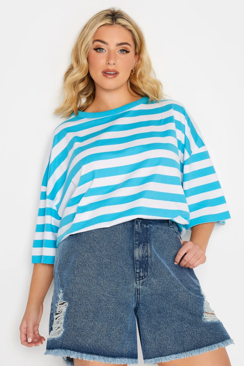 Curve Mid Blue Ripped Floaty Denim Shorts