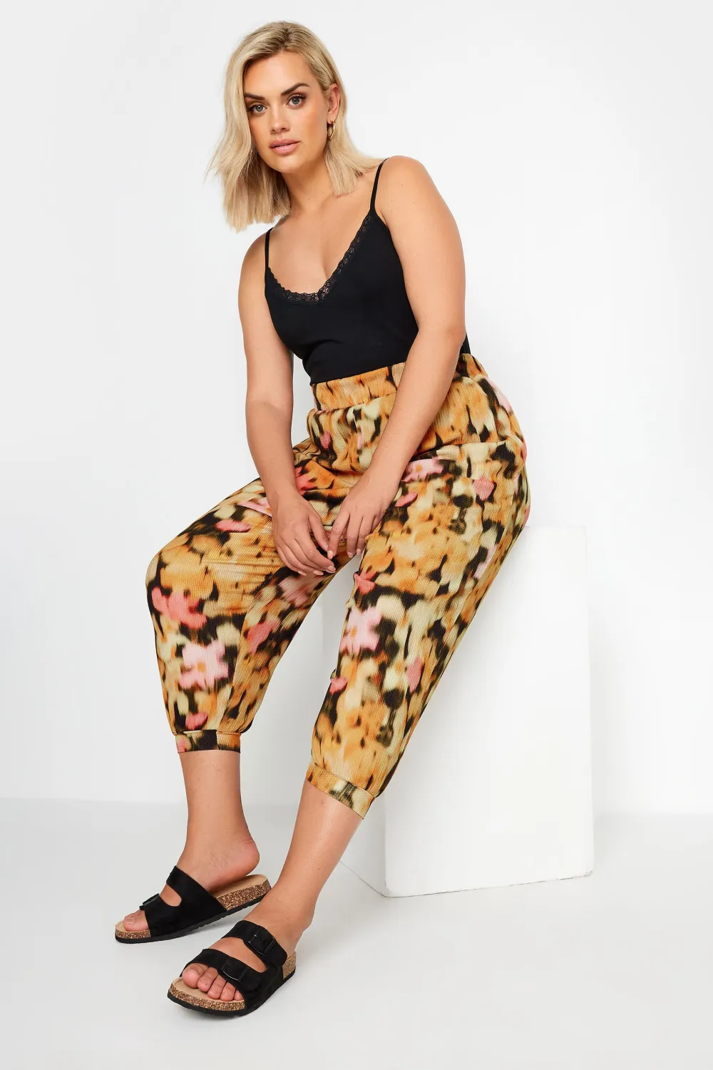 YOURS Curve Yellow Ikat Print Textured Cropped Harem Trousers
