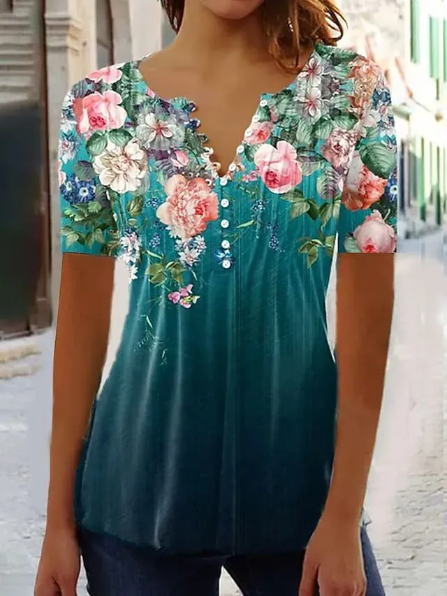 Women's Shirt Blouse Black White Green Floral Button Print Short Sleeve Casual Holiday Basic Round Neck Regular Floral S
