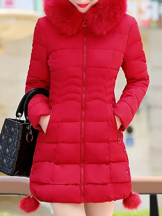Women's Puffer Jacket Winter Jacket Winter Coat Parka Outdoor Daily Valentine's Day Winter Fall Regular Coat Regular Fit Warm Breathable Casual Jacket Long Sleeve Solid Color Fur Collar Fleece Lined