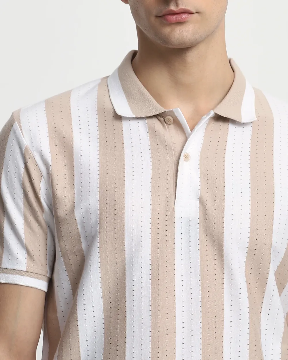 Daily Simple And Slimming Beige Striped Textured Polo Shirt