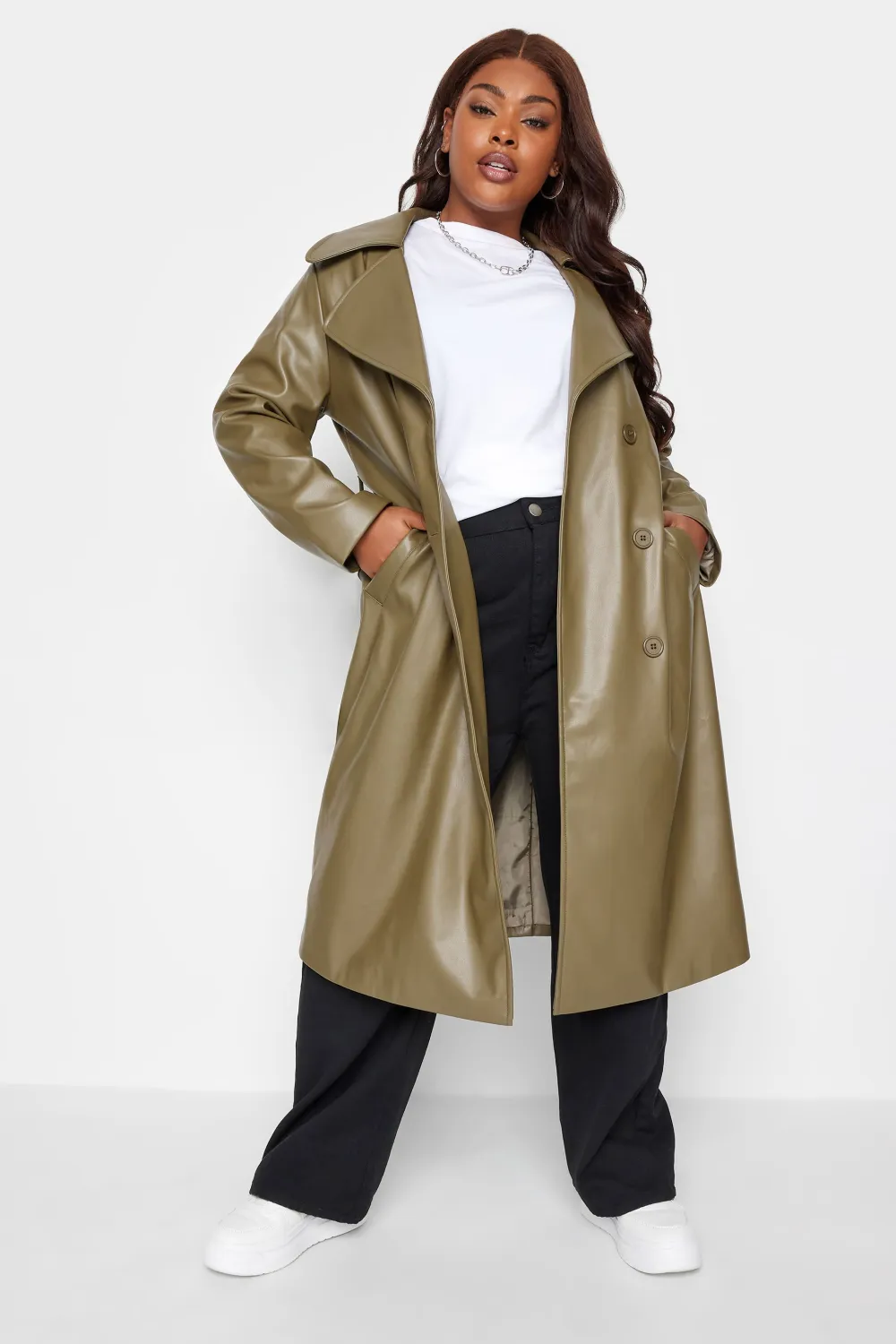 YOURS Curve Olive Green Faux Leather Trench Coat