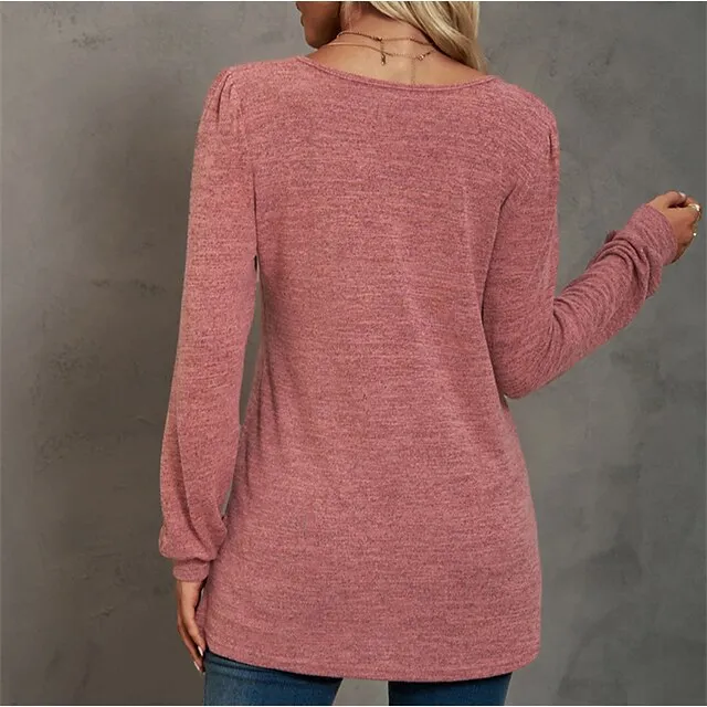 Women's T shirt Tee Cotton Light Blue Pink Apricot Plain Long Sleeve Casual Daily Holiday Basic U Neck Regular Fit Fall & Winter
