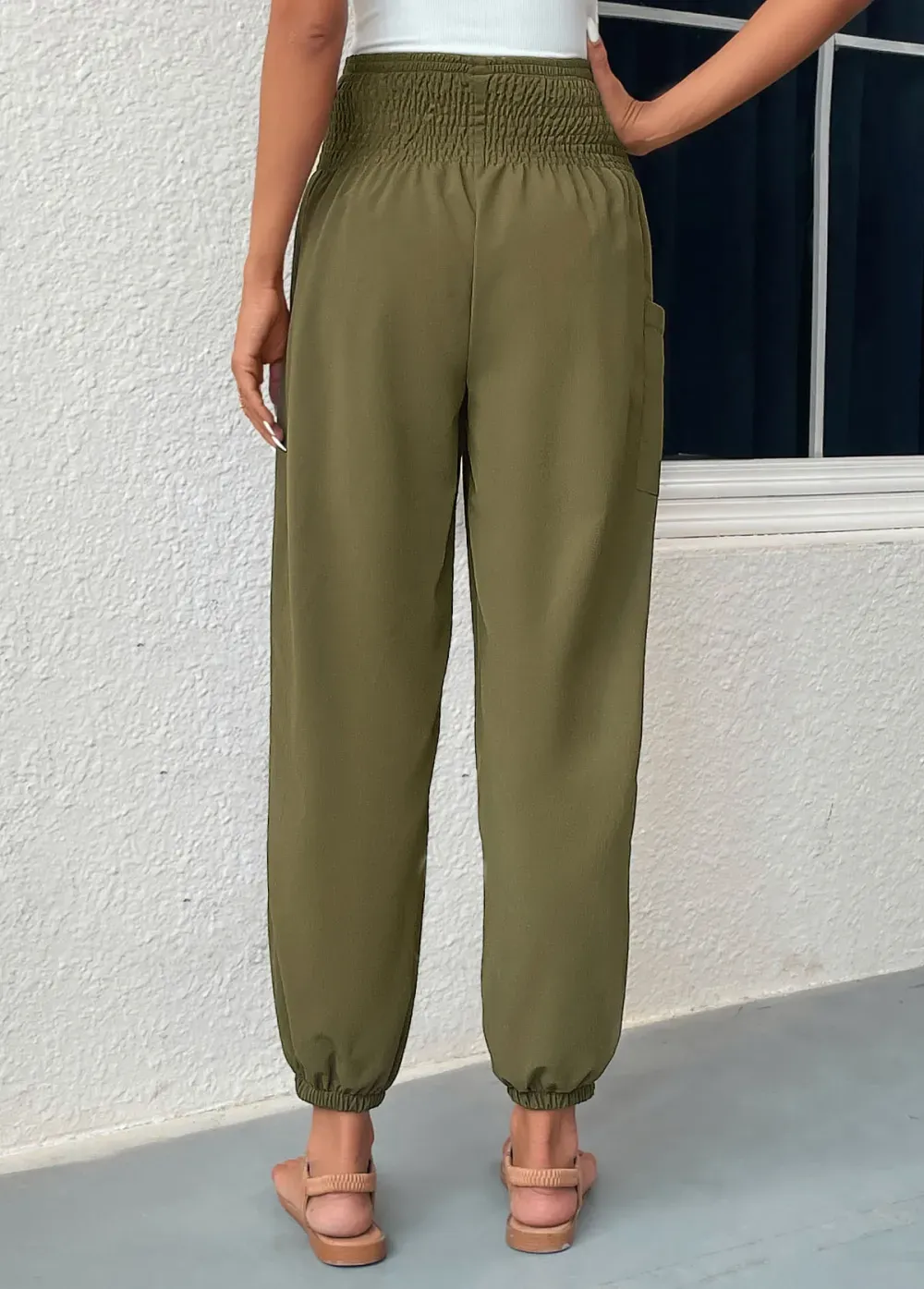Blackish Green Smocked Regular Elastic Waist Pants