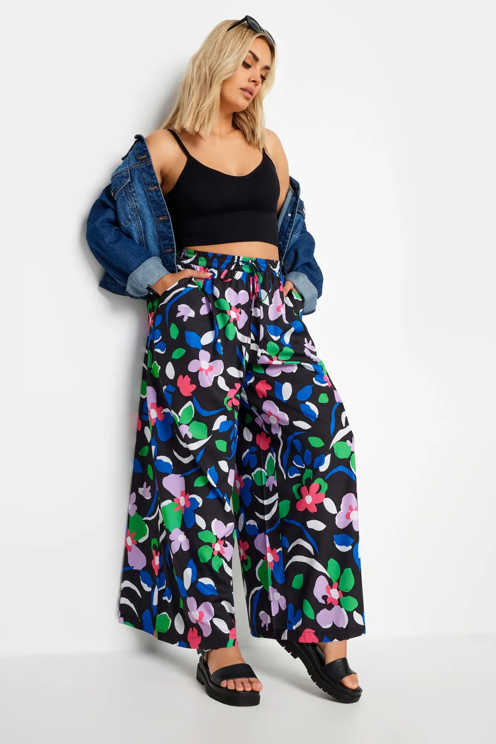 Yours Curve Black Leaf Print Drawstring Wide Leg Trousers